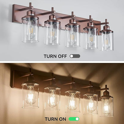 5-Light Bronze Bathroom Light Fixtures Over Mirror,Modern Bathroom Vanity Light with Clear Glass Shade, Wall Sconce for Bathroom Hallway Cabinet Bedroom Kitchen Living Room Foyer E26 Base
