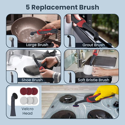 LifeBasis Cordless Rechargeable Power Scrubber Brush, Red | Water-resistant Compact Scrubber with 5 Replaceable Brush Heads for Grout, Tile, Shower, Tub, Kitchen and Bathroom Cleaning