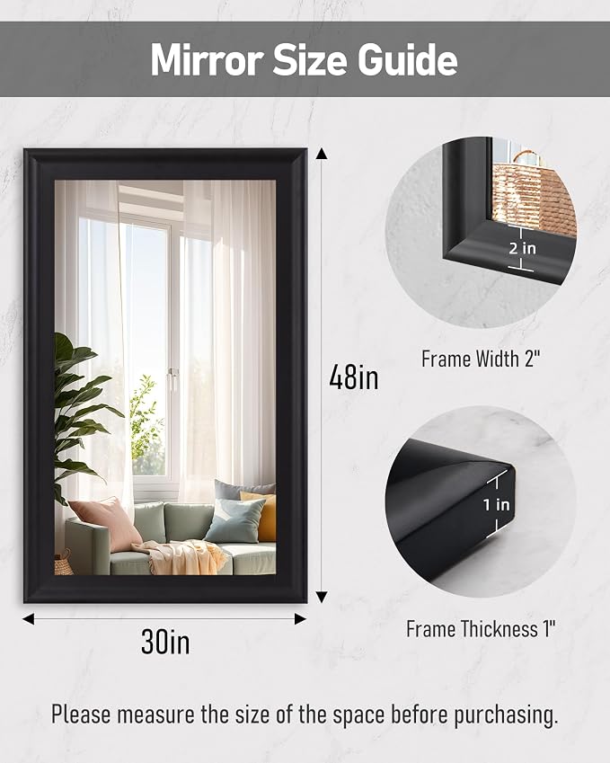 Black Wall Mirror for Bathroom,Rectangle Rustic Large 30 x 48 inch Mirrors | Hanging Vanity Mirror with Wood Grain Finish for Living Room,Bedroom,Entryway