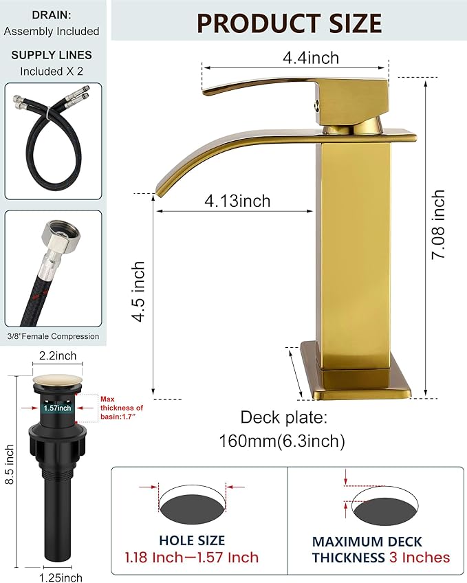 Midanya Bathroom Faucet with Waterfall Spout, Single Hole or 3-Hole Deck Mount, 304 Stainless Steel Sink Faucet with Pop-Up Drain, RV Vanity Compatible,Gold