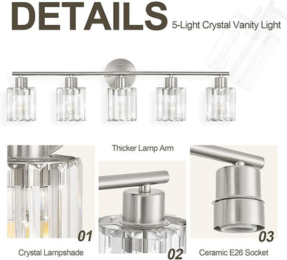 Crystal Bathroom Light Fixtures,Bathroom Lighting Fixtures Over Mirror, Modern 5-Light Brushed Nickel Vanity Lights for Mirror, Restroom,Kitchen(Ceramic E26 Socket,Bulbs Not Include)