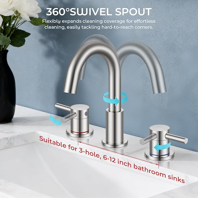 FGKQ Brushed Nickel Bathroom Faucet 3 Hole, 8 inch Widespread Bathroom Faucets for Sink 3 Hole Brushed Nickel with Pop-Up Drain Water Supply Lines