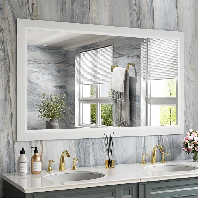 Bathroom Mirror for Wall, 50x30 Inch (White) | HD Reflection, Tempered Glass, Thick Metal Framed Rectangle Mirrors for Over Sink, Vanity, Bedroom, Living Room, Entryway