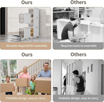 3 Tier Slim Bathroom Storage Cabinet, Foldable and Movable, White | Tools Free, ABS and PET, Magnetic Clear Door, Adjustable Shelves, Lockable Wheels, Water Resistant, For Narrow Space
