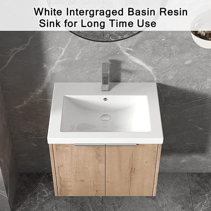 SSLine Wall Mounted Bathroom Vanity with Sink Combo Modern 24-Inch Single Bathroom Vanity Set with Top Basin &Storage Cabinet Wood Hanging Bath Cabinet w/Resin Sink for Small Space(Brown)
