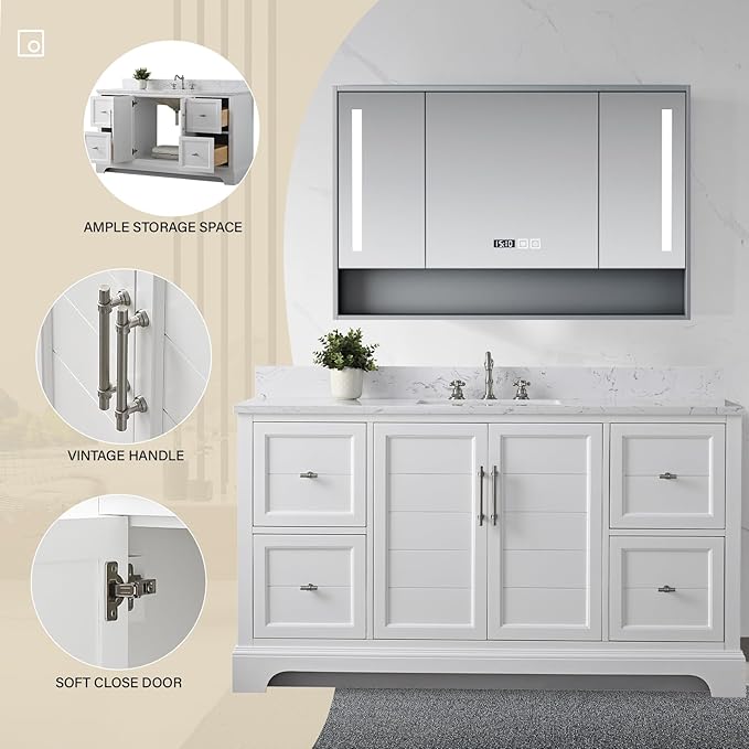 HOMEBEYOND 60 Inch Bathroom Vanity with Single Sink & Ceramic Top, Vanity Cabinet with Center Countertop Basin, Soft-Closing Doors, Backsplash, White