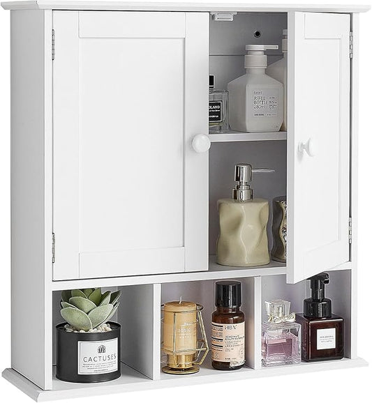 VEVOR Bathroom Wall Cabinet, 23" W x 24" H Storage Medicine Cabinet Wall Mounted, Hanging Organizer with Shelves & Open Partition for Laundry Room Kitchen Restroom, White