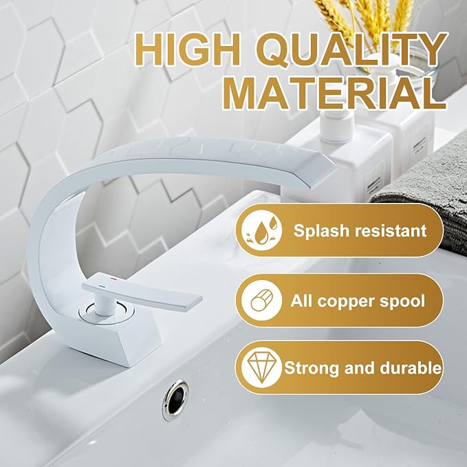 White Finish Bathroom Sink Faucet,Unique Design and Pop Up Drain