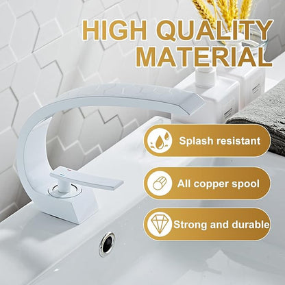 White Finish Bathroom Sink Faucet,Unique Design and Pop Up Drain