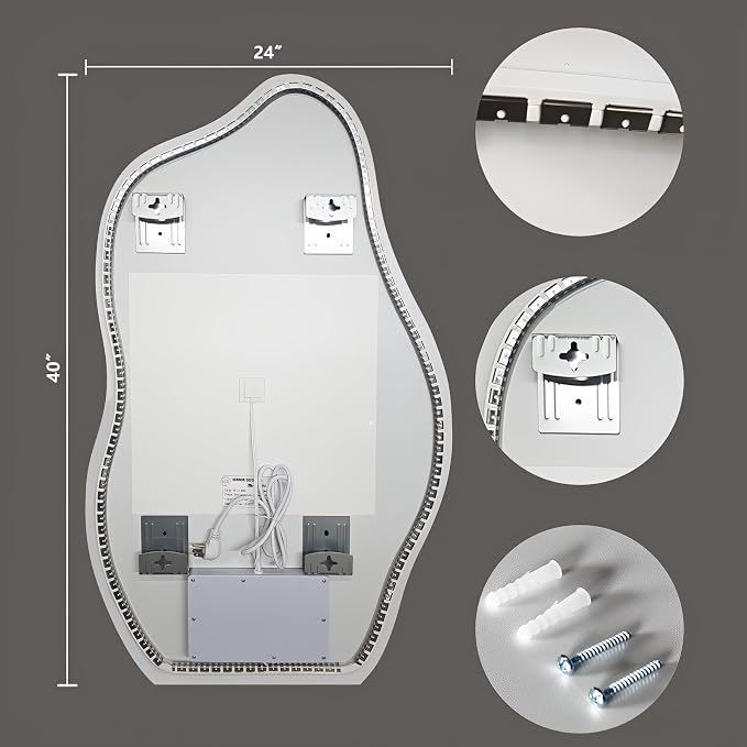 Niccy Irregular LED Bathroom Mirror, Wavy Backlit Wall Mirror, 24"x40" | Frameless Lighted Mirror for Bedroom Living Room, Modern Smart-Mirror with 3 Color Lighting, Anti-Fog, Memory Function