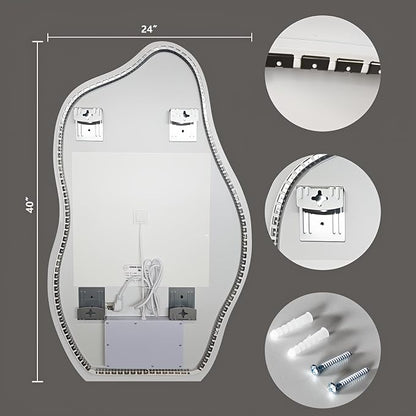 Niccy Irregular LED Bathroom Mirror, Wavy Backlit Wall Mirror, 24"x40" | Frameless Lighted Mirror for Bedroom Living Room, Modern Smart-Mirror with 3 Color Lighting, Anti-Fog, Memory Function
