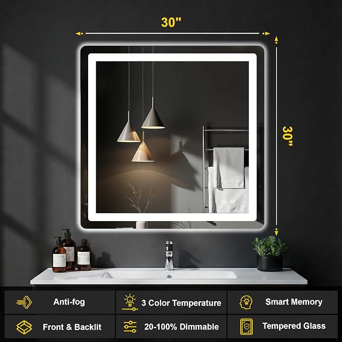 LED Bathroom Mirror with Lights, 30"x30" Lighted Vanity Mirror for Wall | Anti-Fog, Dimmable 3 Color Light, Backlit+Frontlit, Shatterproof Tempered Glass, Memory Function