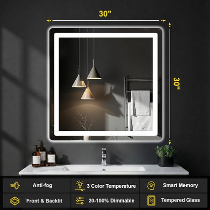 LED Bathroom Mirror with Lights, 30"x30" Lighted Vanity Mirror for Wall | Anti-Fog, Dimmable 3 Color Light, Backlit+Frontlit, Shatterproof Tempered Glass, Memory Function