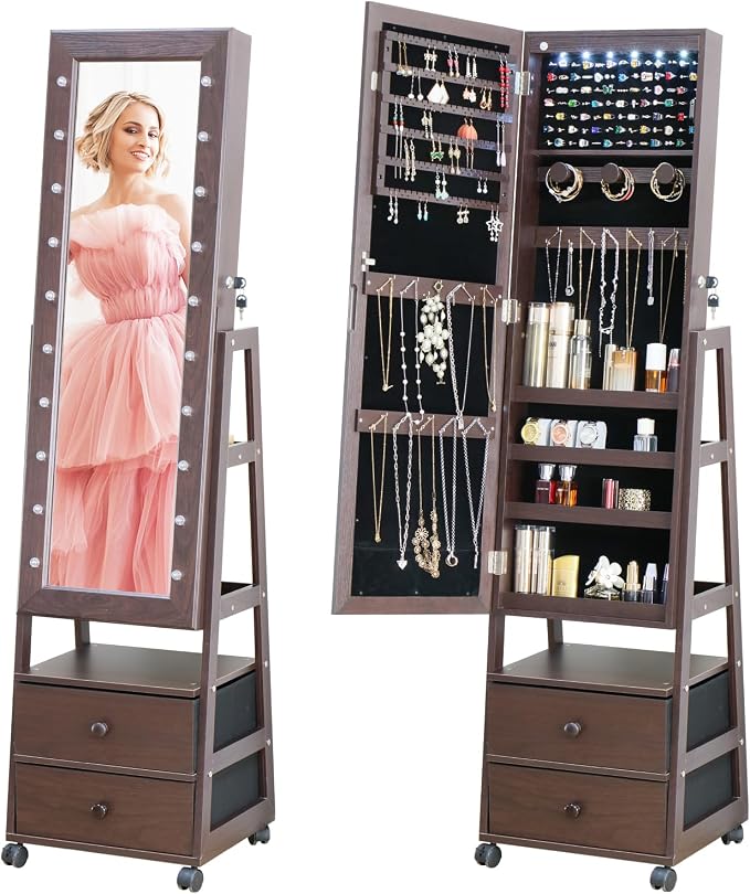 Jewelry Armoire Cabinet Organizer Standing with 20 LED Lights Lockable | Full Length Mirror with Storage Shelves and 2 Drawers (Brown) Adjustable Tilt Angles Gift for Her
