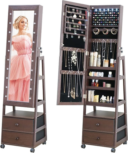 Jewelry Armoire Cabinet Organizer Standing with 20 LED Lights Lockable | Full Length Mirror with Storage Shelves and 2 Drawers (Brown) Adjustable Tilt Angles Gift for Her