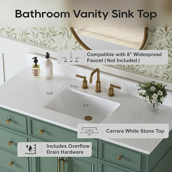 48" Bathroom Vanity with Sink, Sea Green Painted Vanity with Countertop & Backsplash, Stone top and Soft-Closing Drawers, Solid Wood Frame, No Assembly Required