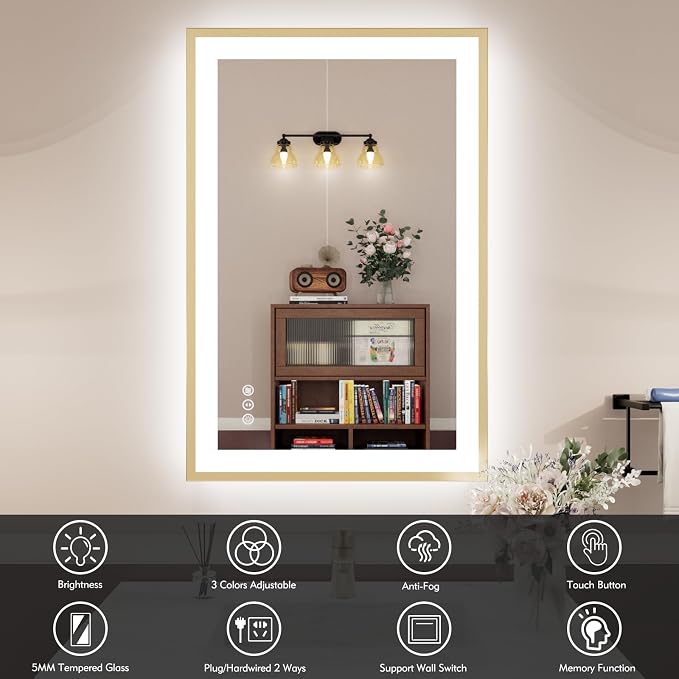 24x36 Inch LED Bathroom Mirror Gold Frame | Gold Metal Frame, Front and Backlit, 3 Colors, Dimmable, Memory, Anti Fog, Tempered Glass, Lighted Mirror for Wall