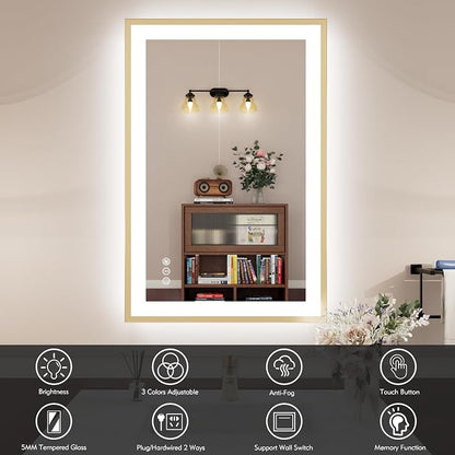 24x36 Inch LED Bathroom Mirror Gold Frame | Gold Metal Frame, Front and Backlit, 3 Colors, Dimmable, Memory, Anti Fog, Tempered Glass, Lighted Mirror for Wall