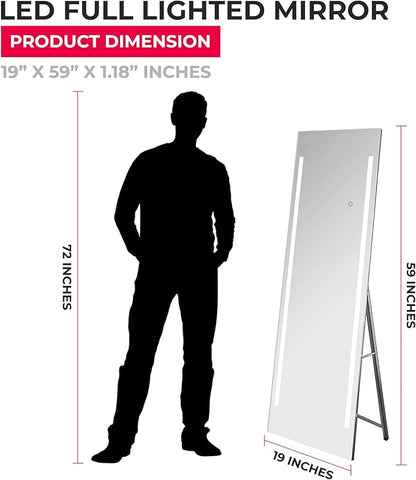 19x59 Inch Full Length LED Mirror for Bathroom with 3 Color Modes, Touch Dimmer - Free Standing or Wall Mount Lighted Vanity for Bedroom, Dressing Room - Fab Glass and Mirror