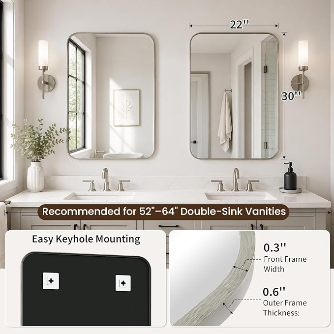 2-Pack 22x30 Inch Brushed Nickel Rounded Rectangle Vanity Mirrors | Double Vanity or Two Bathrooms, Pair or Separate Use, Aluminum Frame, Slim Front Profile, Two-Way Mount