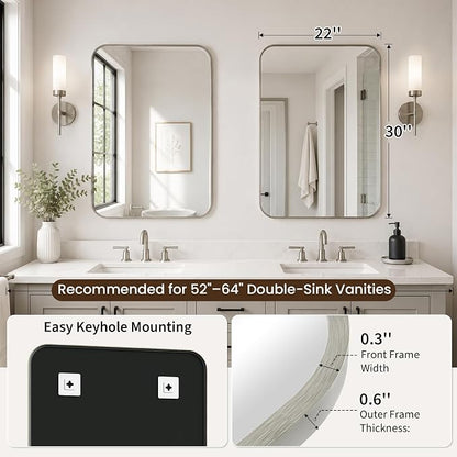 2-Pack 22x30 Inch Brushed Nickel Rounded Rectangle Vanity Mirrors | Double Vanity or Two Bathrooms, Pair or Separate Use, Aluminum Frame, Slim Front Profile, Two-Way Mount