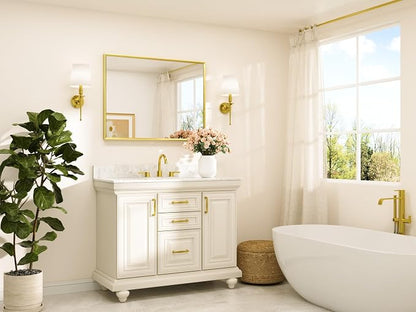 Brushed Gold Vanity Mirror for Bathroom 40" x 30" Brushed Brass Rectangle Beveled Framed Bathroom Wall Mirror for Over Sink, Tempered Glass, Modern Farmhouse Bedroom, Entryway, Living Room