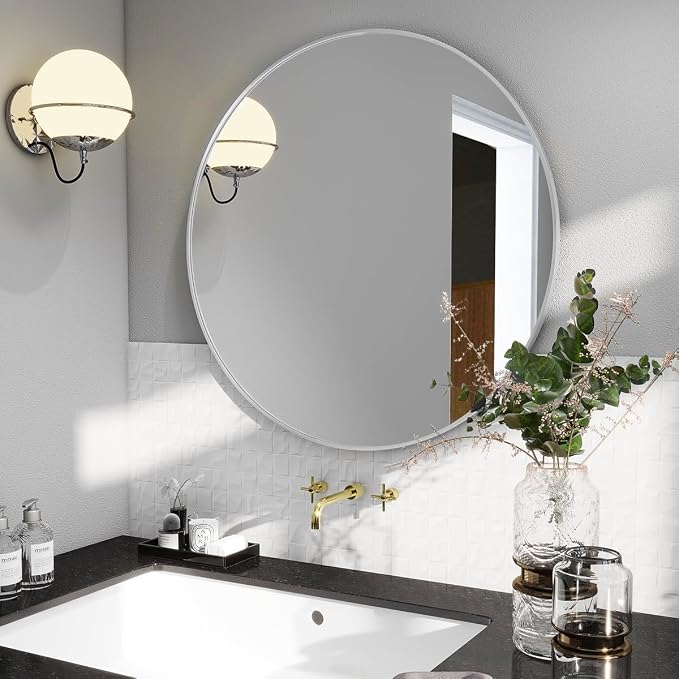 BEAUTYPEAK 30 Inch Round Mirror, Metal Frame Circle Mirror, White | Wall Mounted for Entryway, Bathroom, Vanity, Living Room