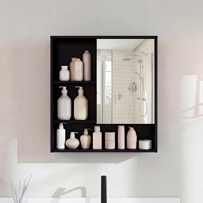 Panana Bathroom Medicine Cabinet with Mirror, Wall Mounted Single Mirror Door Storage Cabinet with 3 Open Compartments, Adjustable Height Shelf, 21.9x5.1x23.6 inch (Black)