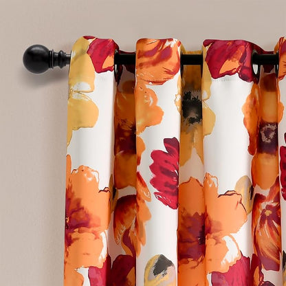 Lush Decor Leah Light Filtering Window Curtain Panels, Pair, 52" W x 63" L, Red & Orange - Floral Drapes for Bedroom - Orange Curtains - Farmhouse Decor