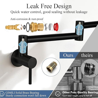 Pot Filler Faucets with Brass Wall Mount Double Joint Swing Arms for Kitchen, Sink, Stove and Bar - Leak Free Designs with High-Flow Aerators - Retractable & Folding for Space Saving - Matte Black