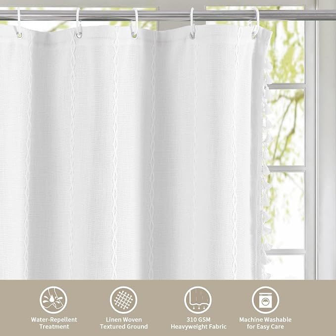 Boho Farmhouse Tassel Linen Shower Curtain,3D Embroidery Stripe White,72x96 | Extra Long Xl,310GSM Striped Texture Heavy Duty Cloth,Water Repellent,Wrinkle Resistant,Vintage Rustic Country design