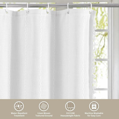Boho Farmhouse Tassel Linen Shower Curtain,3D Embroidery Stripe White,72x84 | Extra Long Xl,310GSM Striped Texture Heavy Duty Cloth,Water Repellent,Wrinkle Resistant,Vintage Rustic Country design
