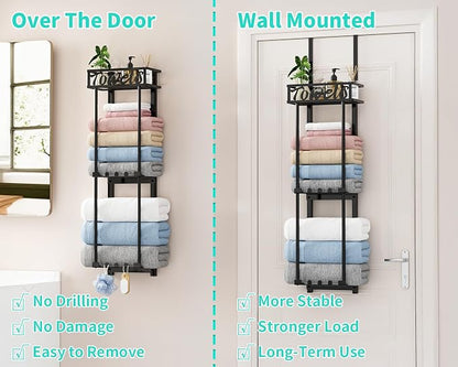 HapiRm Towel Rack Bathroom Storage - 3 Tier Over The Door & Wall Mounted Rolled Towel Racks Holder Organizer with Metal Shelf and 6 Hooks for Small Bathroom, Camper, Rv - Black (for 1.77 in Doors)
