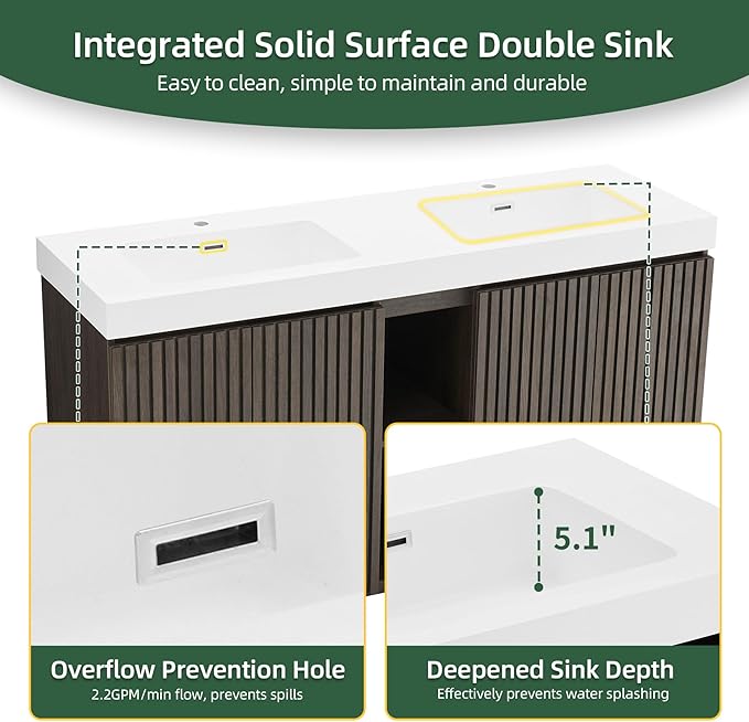 60" Bathroom Vanity with Double Sink, Freestanding Double Sink Bathroom Vanity with White Engineered Stone Top, Open Storage Cabinet & Adjustable Shelf, 4 Soft-Closing Doors, Smoked Oak Brown