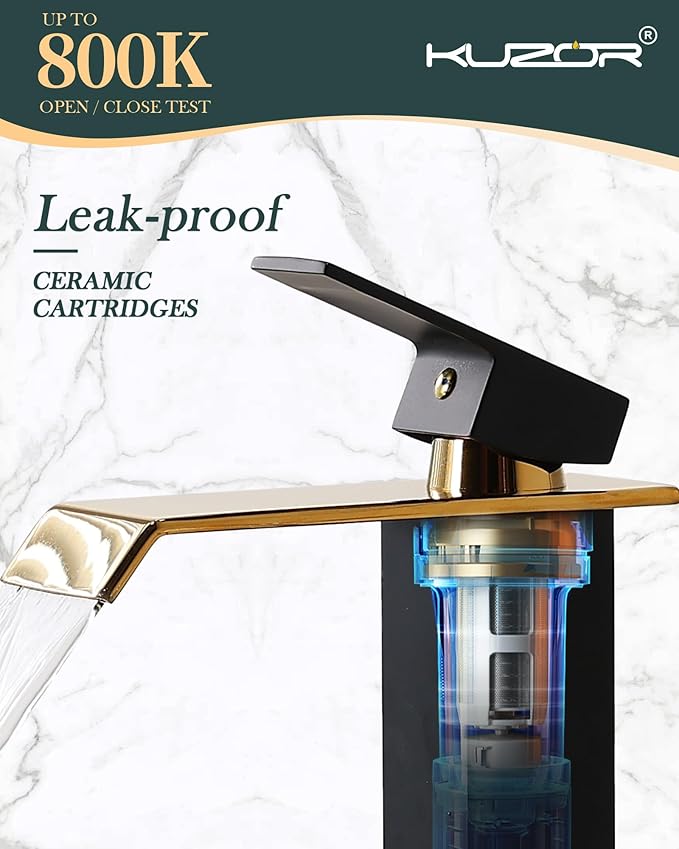Black & Gold Waterfall Bathroom Sink Faucet – Single Hole 304 Stainless Steel Faucet with Metal Pop-Up Drain, Low-Profile Design for Modern Vanities