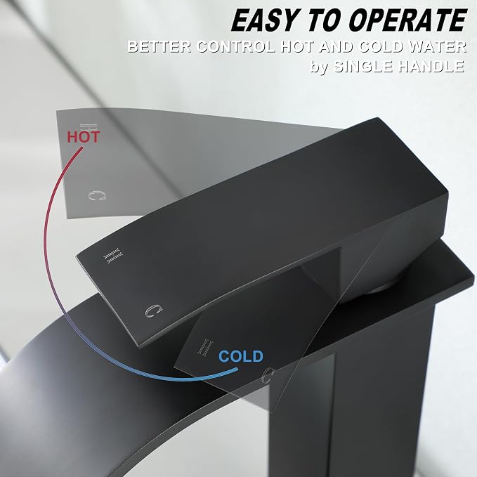 Waterfall Faucet for Bathroom Sink, JXMMP Black Bathroom Faucet Single Hole with Supply Hose and Pop Up Stopper, Single Handle Waterfall Bathroom Sink Faucet, Lavatory Faucet Bathroom, JXM1221BK