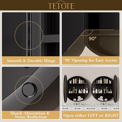 TETOTE Bathroom Mirror Cabinet 30 x 30 Black Round Bathroom Medicine Cabinet with Mirror Adjustable Shelves Farmhouse Wall Mirror with Storage Surface Mounted