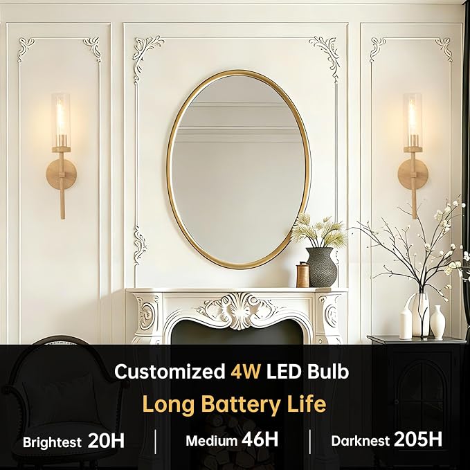 Shenmoyl Battery Operated Wall Sconces Set of 2, Beech Color Rechargeable Wall Lighting Fixtures, Dimmable Wall Lights with Remote & Clear Glass Shade for Living Room, Bathroom,Bedroom