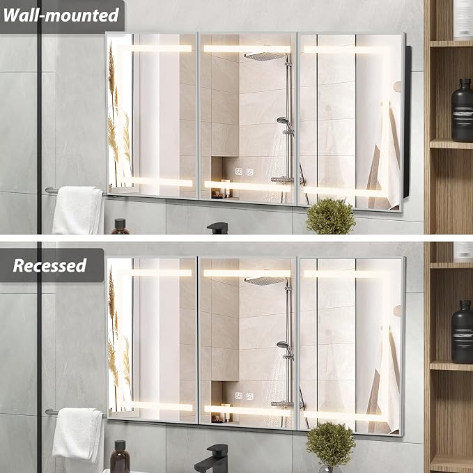 APRILSOUL 60x32 Inch Lighted Bathroom Medicine Cabinet with Mirror, Silver Recessed or Surface Mount Medicine Cabinet Mirror with Storage and LED Lights, 3 Colors Temperature, Dimmable Light