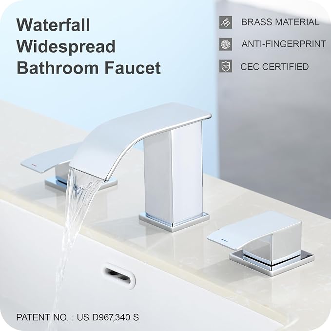 8 Inch Waterfall Bathroom Faucets for Sink 3 Hole - Chrome Bathroom Faucet with Pop-up Drain, Widespread Bathroom Sink Faucet 2-Handles, Patent No. : US D967,340 S