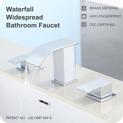 8 Inch Waterfall Bathroom Faucets for Sink 3 Hole - Chrome Bathroom Faucet with Pop-up Drain, Widespread Bathroom Sink Faucet 2-Handles, Patent No. : US D967,340 S