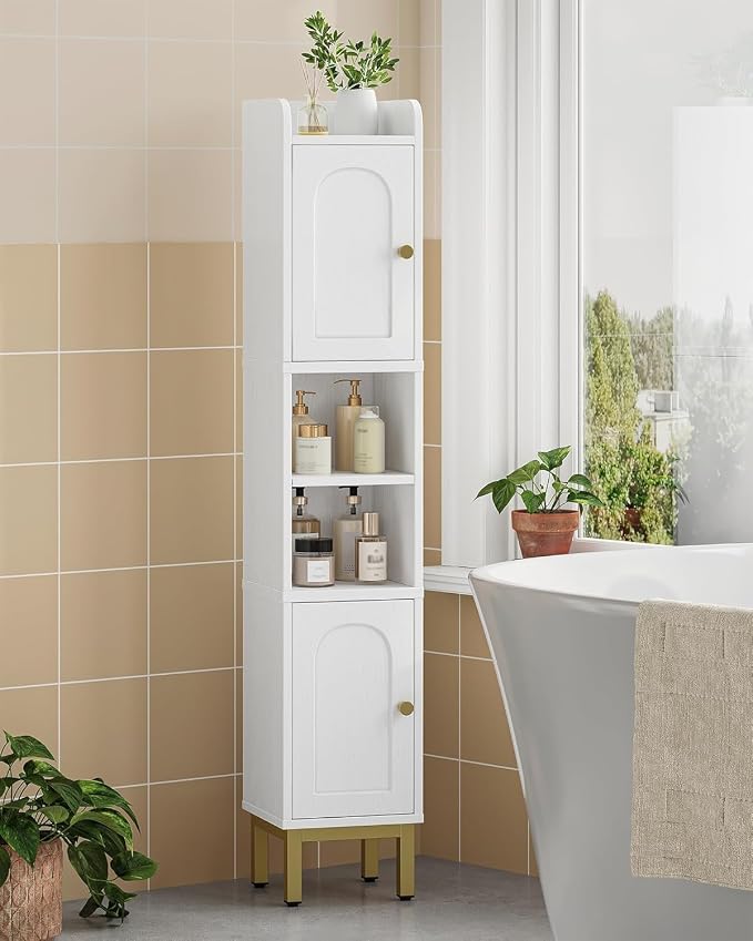 Hzuaneri Slim Bathroom Storage Cabinet, Narrow Bathroom Organizers,2 Doors | Narrow Bathroom Storage with 4 Adjustable Feet, Laundry Room Organization for Small Space,Kitchen, White BC22413G