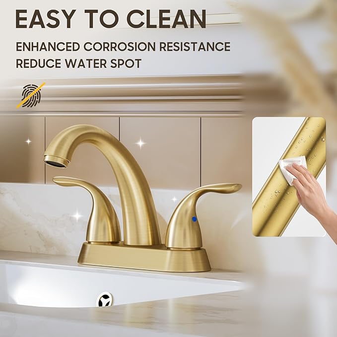 Phiestina Brushed Gold 4 Inch Centerset 2 or 3 Holes 2 Handle Bathroom Faucet, Bathroom Faucet with Copper Pop Up Drain and Water Supply Lines, BF008-5-BG
