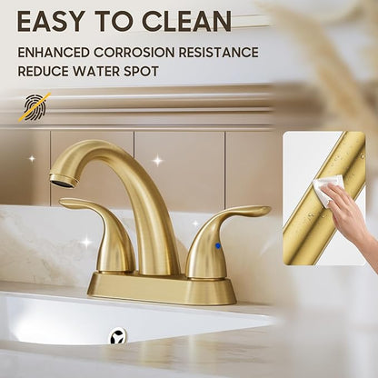 Phiestina Brushed Gold 4 Inch Centerset 2 or 3 Holes 2 Handle Bathroom Faucet, Bathroom Faucet with Copper Pop Up Drain and Water Supply Lines, BF008-5-BG