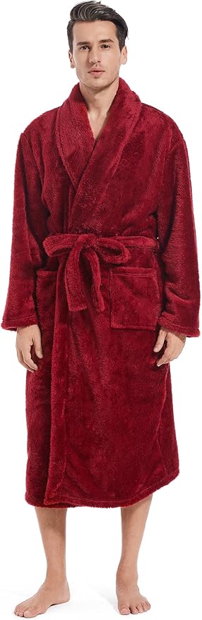 Inner Wish Mens Plush Fleece Robe, Cozy Warm Bathrobe Fuzzy Male Spa Long Robe With Pockets (DARK GREY)