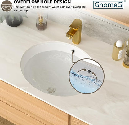 Undermount Bathroom Sink 19x16 Inch White Porcelain Ceramic Lavatory Vanity Sink with Overflow, Under Counter Bathroom Sink, Oval Undermount Vessel Sink for Bathroom