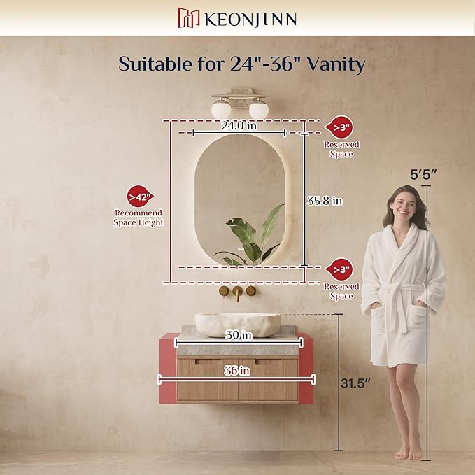 Keonjinn 24 x 36 Inch Oval LED Mirror with Backlit, Pill-Shaped Backlit Mirror Bathroom with HD Tempered Glass, UL-Listed Driver, 3000K/4500K/6500K, Defogging, Lighted Mirrors for Bathroom Wall