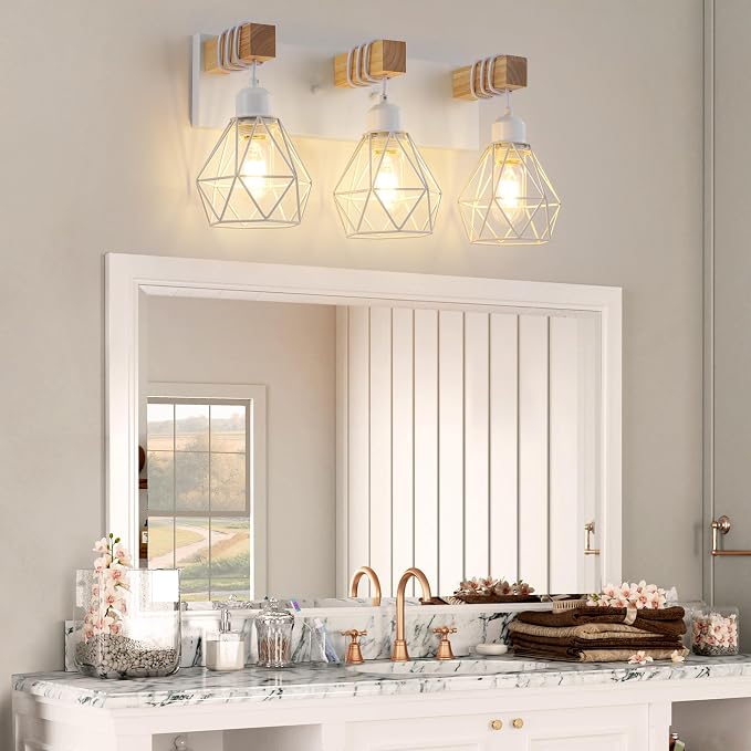 VbiTmn Bathroom Light Fixtures, 3 Light White Farmhouse Wood Vanity Lights | Rustic Design, Diamond Metal Shades, Easy to Install, Wall Sconces for Bathroom, Bedroom, Makeup Area, Over Vanity Mirror