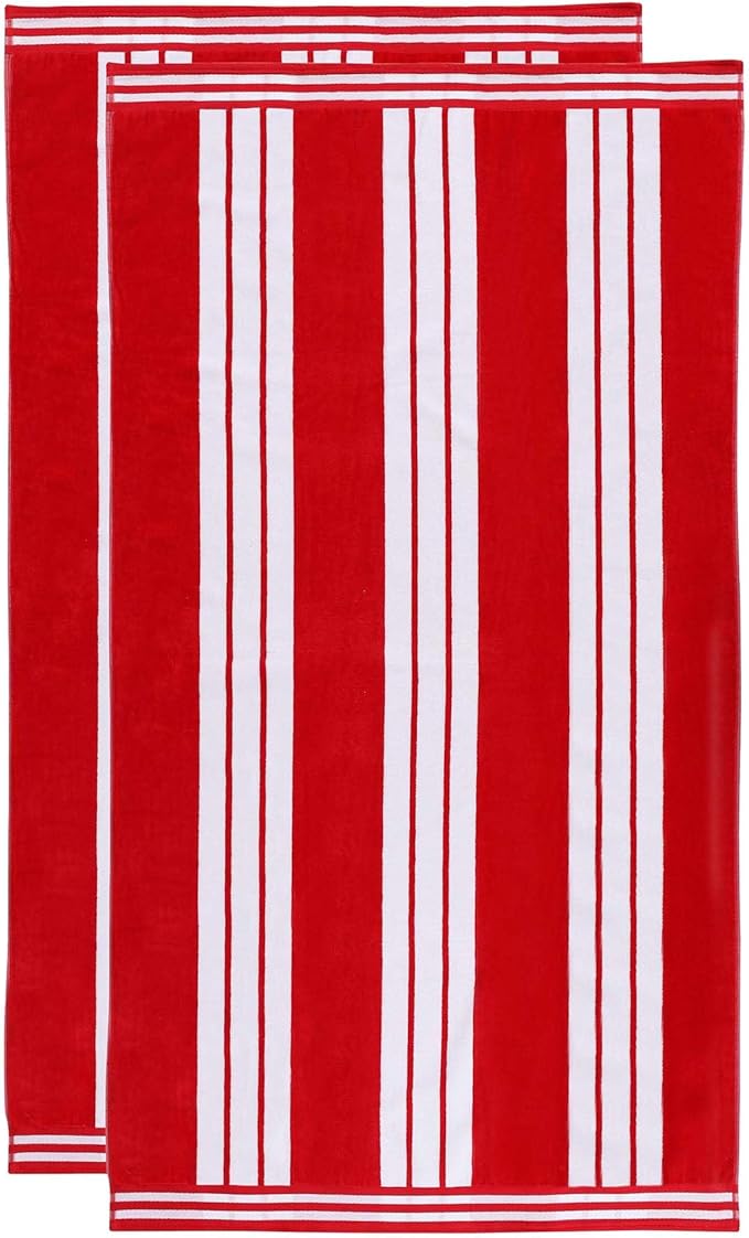 Superior Oversized Cotton Beach Towel Set of 2, Absorbent Towels for Bathroom, Beach, Pool, Swim, Adults, Kids, Vacation, Travel, Bath Sheet, Quick Dry Basics, Trip Essentials, Striped Decor, Red