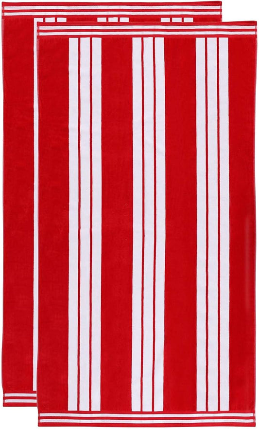 Superior Oversized Cotton Beach Towel Set of 2, Absorbent Towels for Bathroom, Beach, Pool, Swim, Adults, Kids, Vacation, Travel, Bath Sheet, Quick Dry Basics, Trip Essentials, Striped Decor, Red
